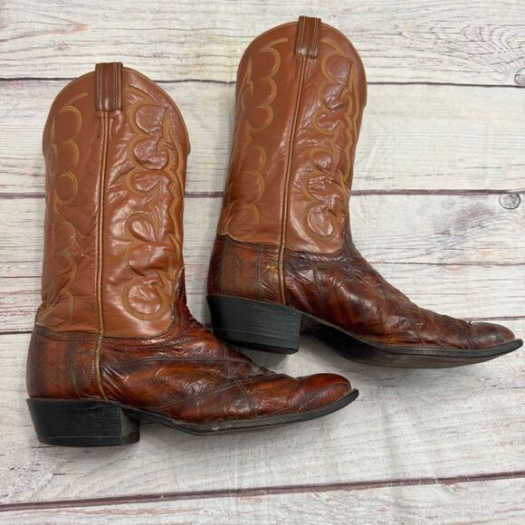 Vintage Tony Lama Eel Patchwork Cowboy Boots Brown Leather Western Size 11.5 D - Picture 3 of 13